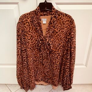 Chicos Animal Print Button Up Balloon Sleeve Lined Tie Neck Blouse Top Office